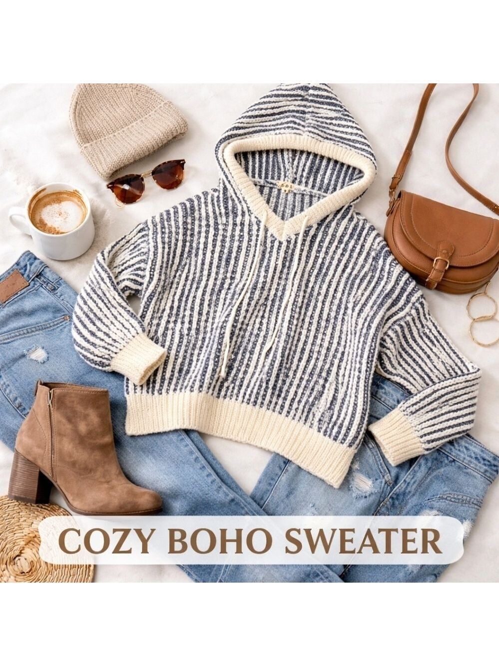 POL Striped Hooded Sweater Small Cream Blue Chunky Knit Cozy Boho NWOT